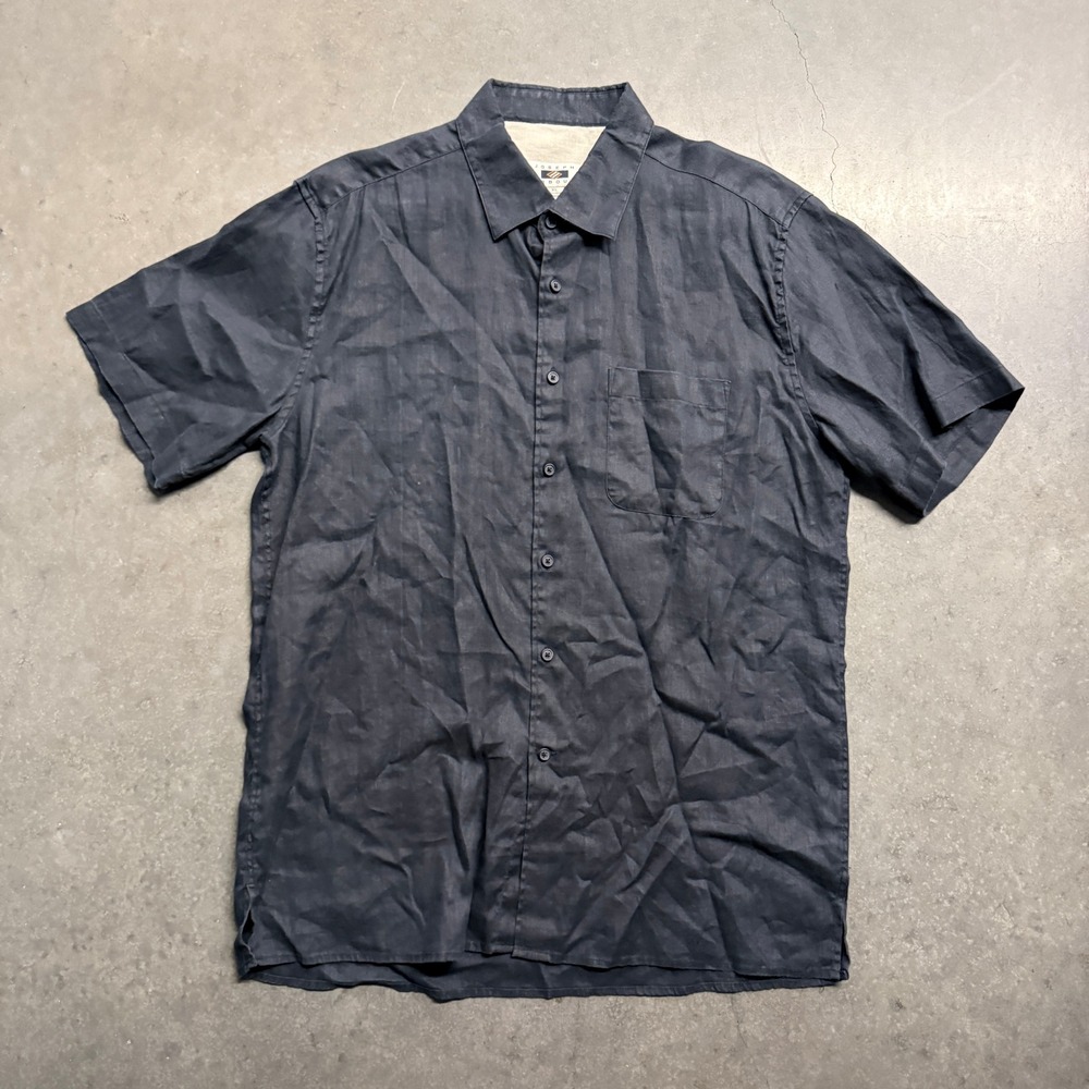 Joseph Abboud Mens XL Navy Blue 100% Linen Short Sleeve Button Down Shirt 4137